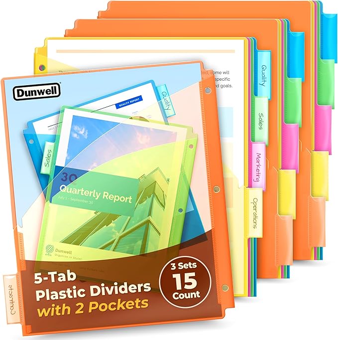 Dunwell 5-Tab Dividers with Pockets for 3-Ring Binder (3 Sets, 15 Count), Plastic Binder Dividers with Tabs and 2 Pockets, Binder Pocket 3 Hole Punched for 8.5x11 Paper, Includes Label Inserts