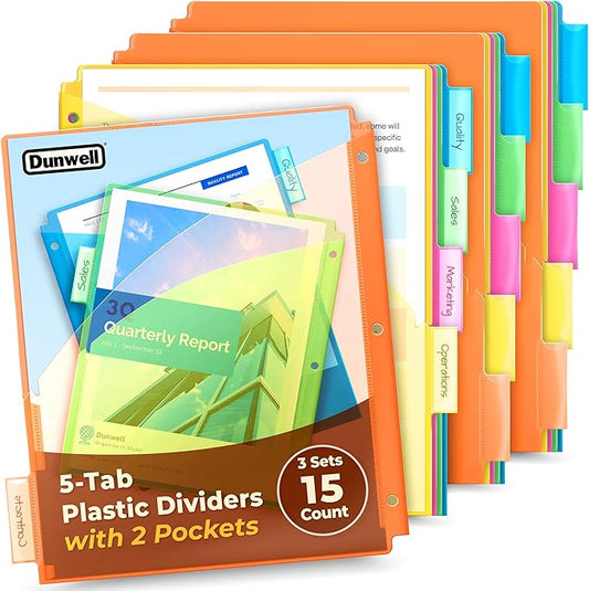 Dunwell 5-Tab Dividers with Pockets for 3-Ring Binder (3 Sets, 15 Count), Plastic Binder Dividers with Tabs and 2 Pockets, Binder Pocket 3 Hole Punched for 8.5x11 Paper, Includes Label Inserts