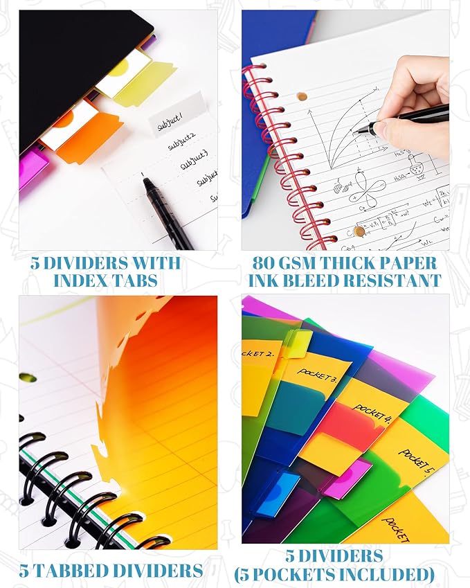 Spiral Notebook - 5 Subject Notebook, College Ruled Notebook With Dividers Pocket, Tabs Label (8.5x11Black)