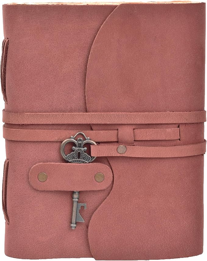 LEATHER VILLAGE Vintage Leather Journal – 200 Handmade Vintage Deckle Edge Paper – Leather bound Journal For Women Men – Vintage Key Closure - Book of Shadows - Red Brown - 6X4 inches (A6)