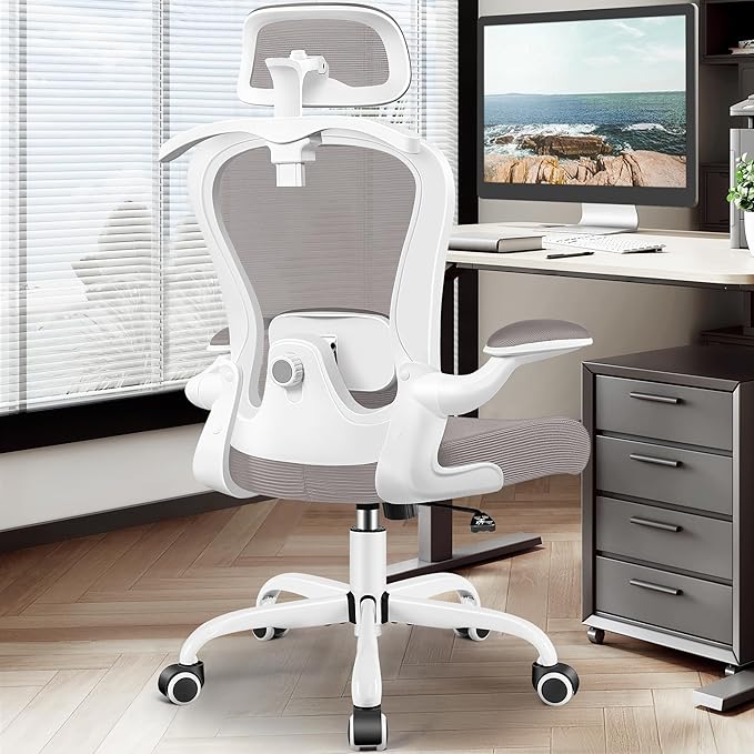 Office Chair, Ergonomic Office Chair with 3D Lumbar Support 3D Headrest, Comfy High Back Home Desk Chairs, Breathable Mesh Computer Chairs with Flip-Up Armrests & Hanger(Gray)