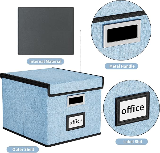 Huolewa Collapsible File Storage Organizer Box with Lid, Hanging File Folders Box Organizer with Plastic Slides, Decorative Home/Office Filing System Box for File and Folders Storage - Powderblue