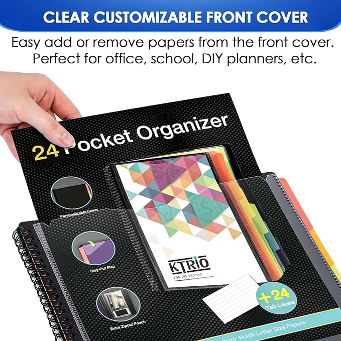 KTRIO 24 Pocket Poly Project Organizer, Spiral Binder Organizer Multi Pocket Folder with Dividers, Back Cover Utility Pouch, Letter Size School Supplies