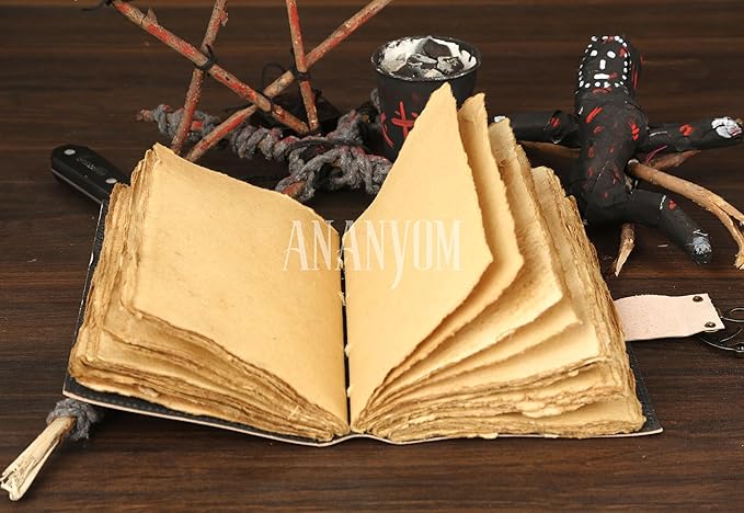 Handmade Leather Journal, Black, Sun & Moon Design, 7 x 5 Inch, 200 Unruled Pages, Hand Embossed, Deckle Edge Paper, Brass Clasp Lock, Vintage Notebook Diary, Sketchbook for Artists & Writers