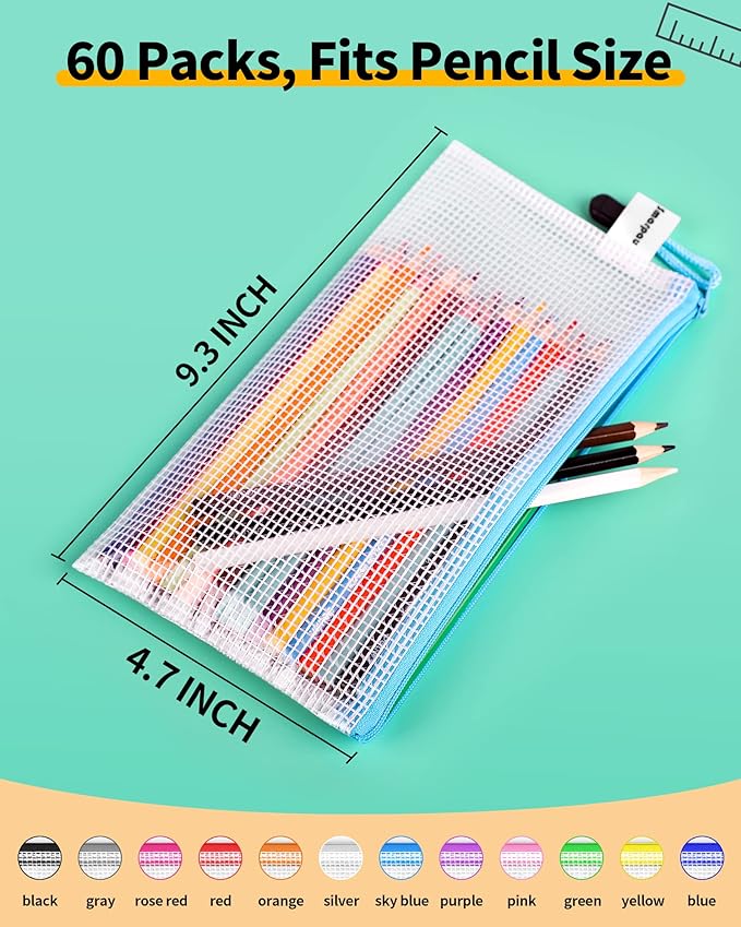 Smarpau 60 Pcs Pencil Pouch, 12 Colors 9.3" x 4.7" Small Mesh Zipper Pouches Clear Pencil Case, Waterproof Zipper Pencil Bags for Organizing Travel, Office Storage