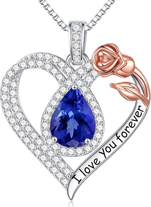 Hidepoo Christmas Gifts for Women Mom Wife - Sterling Silver Rose Heart Birthstone Necklace I Love You Forever Heart Pendant Teardrop Necklace Jewelry Anniversary Valentines Christmas Birthday Gifts