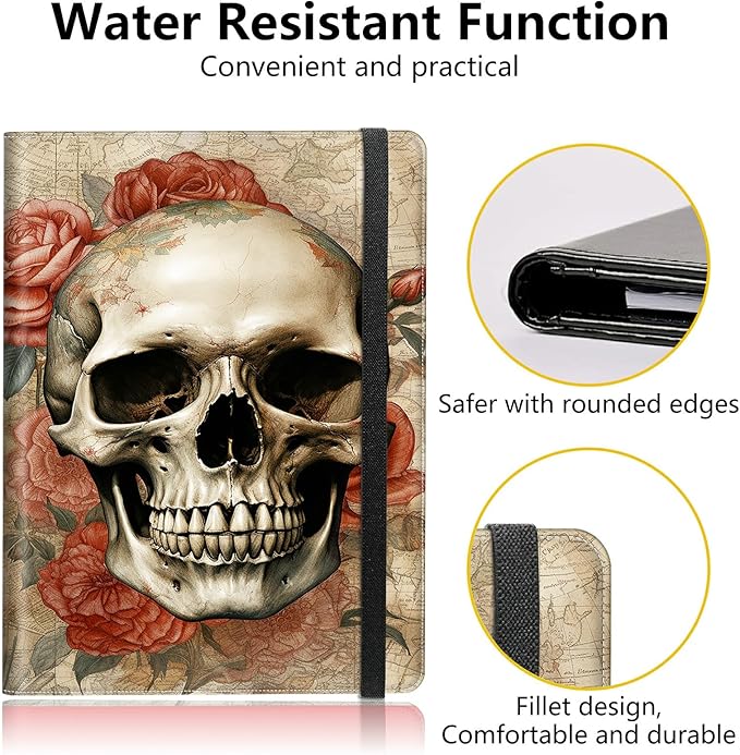 Skull Roses PU Leather Padfolio Clipboard Notepad with Pen Loop and Elastic Strap Interview/Resume Document Organizer for Business School Office
