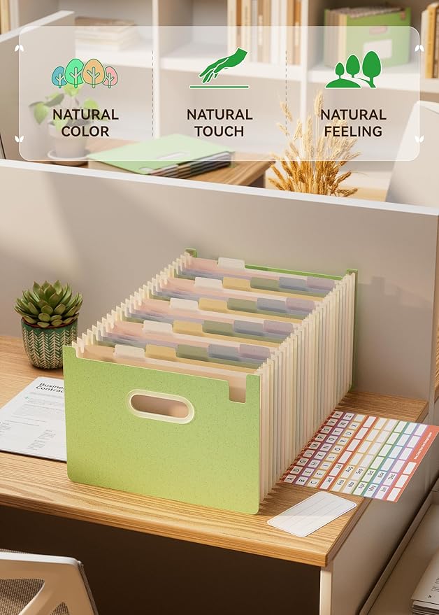 Accordion File Organizer, 26 Pockets Wheat Straw Expanding File Folders, Upright&Open Top, A-Z Bill Receipt Organizer, 100% BPA Free, Return to Nature, Healthy Living, Letter/A4 Size-Mint Green