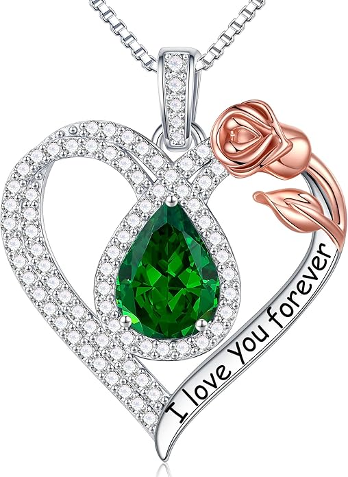 Hidepoo Christmas Gifts for Women Mom Wife - Sterling Silver Rose Heart Birthstone Necklace I Love You Forever Heart Pendant Teardrop Necklace Jewelry Anniversary Valentines Christmas Birthday Gifts