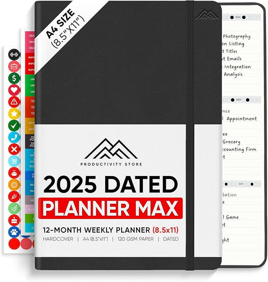 PRODUCTIVITY STORE Pro Max - Dated, 2025 Planner, 8.5" x 11" - The #1 Productivity Planner to Achieve Your 2025 Goals - Planner 2025-2026 - Black - A4