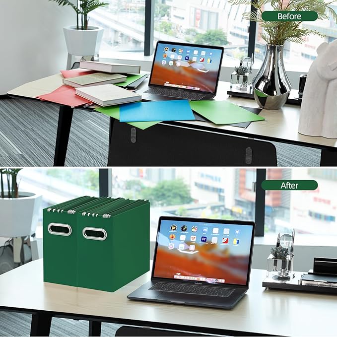 Oterri File Organizer, Small Storage Box, Cardboard File Folder Organizer, Collapsible File Box, Hanging File Organizer for Letter Size, Portable File Box with Handle, Only Box (Dark Green,4 Packs)