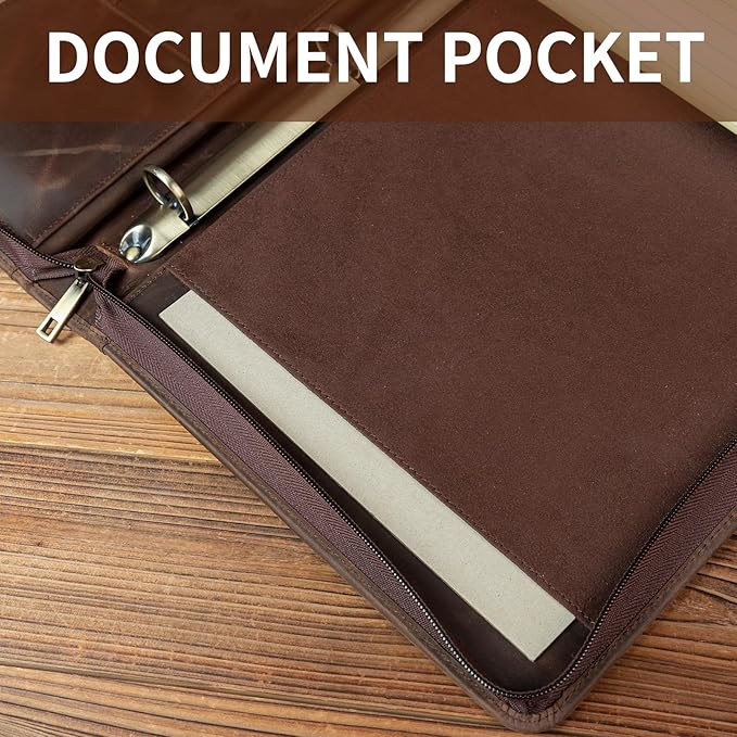 YIWEN Handmade Crazy-Horse Leather 3 Ring Binder Portfolio Padfolio Folder with Zipper for Men and Women, Business Organizer for Letter A4 Size for Meeting and Travel (Custom Engraved, Dark Khaki)