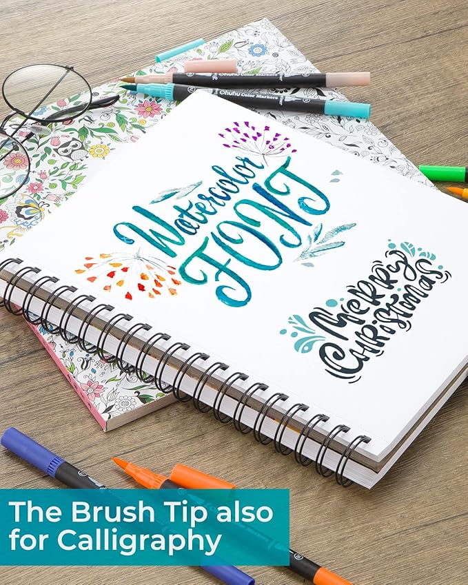 Ohuhu Markers for Adult Coloring Books: 120 Colors Brush Pens Dual Brush Fine Tip Drawing Pens Water-Based Coloring Markers for Calligraphy Bullet Journal with Carrying Case - Maui - Black