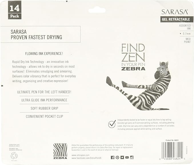 Zebra Pen Sarasa Dry X20 Retractable Gel Pen, Medium Point, 0.7mm, Assorted Fashion Color Ink, 14-Pack