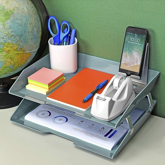 Acrimet 2 Tier Side Load Letter Tray Facility, Desktop File Organizer, A4 Letter Size Paper Organizer, Minimalist Storage Solution Paper Tray for Office, Home, Classroom (Plastic, Solid Green Color)