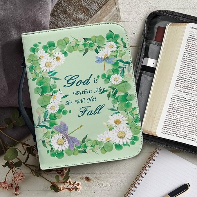 Lotusorchid Bible Book Cover for Women, Large Bible Cover Case with Verse, Sturdy Zippered Bible Carrying Case with Handle Pocket Portable Bible Bag for Bible Study, Green,2XL