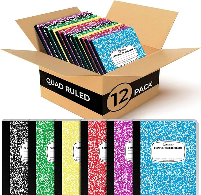 12 Pack Graph Paper Composition Notebook, 200 Pages (100 Sheets), 4x4 Grid, Graph Composition Notebook, Hard Cover Quad Ruled Notebook for Home & School, Bulk Grid Notebooks, Assorted Marble