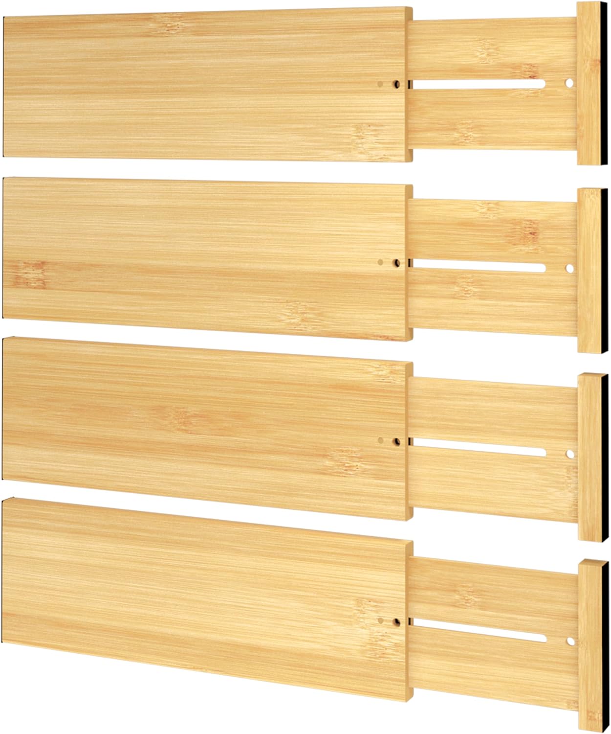 BAMEOS 4 PCS Bamboo Drawer Divider Adjustable Drawer Dividers Kitchen Drawer Organization Utensil Organizers for Kitchen Dresser Bathroom Bedroom and Office
