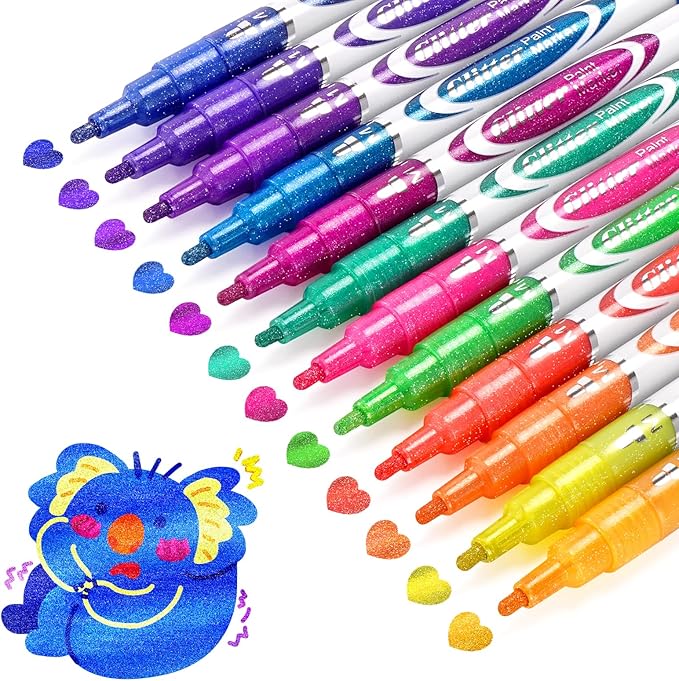 Glitter Markers Pen 12 Colors Glitter Metallic Shimmer Marker for Kids Adults DIY Crafts Greeting Birthday Cards Making Scrapbooking Doodle Poster Album Art Supplies, Teen Girl Trendy Stuff