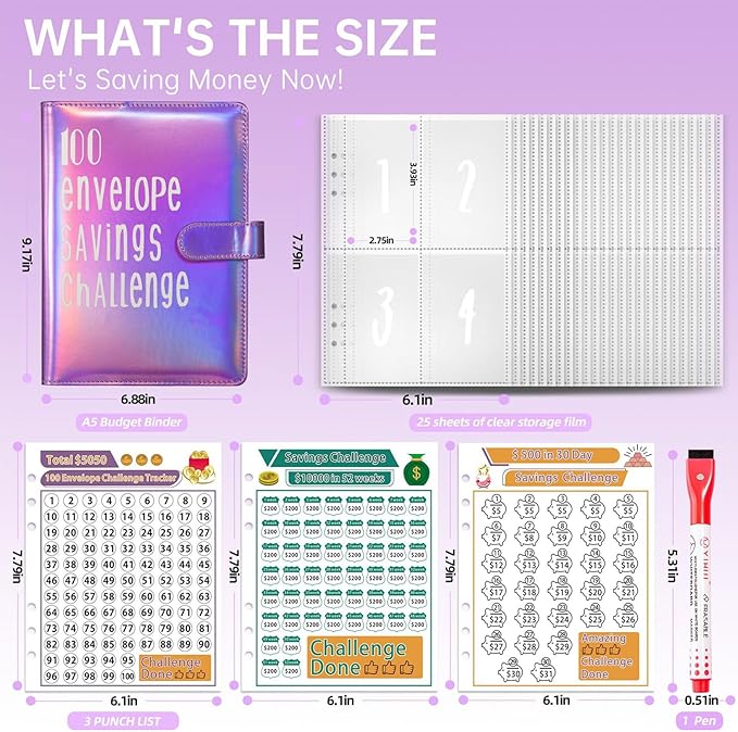 100 Envelopes Challenge Binder Savings Challenges Book, A5 Money Saving Planner Cash Envelope Budget Binder with Erasable Pen, Easy and Fun Way to Save $5,050, 10,000 and $500 (Black)