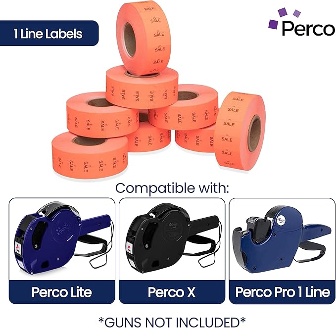 Perco Sale Labels for Perco 1 Line Labeler Gun, Fluorescent Red - 4 Sleeve, 32,000 Labels