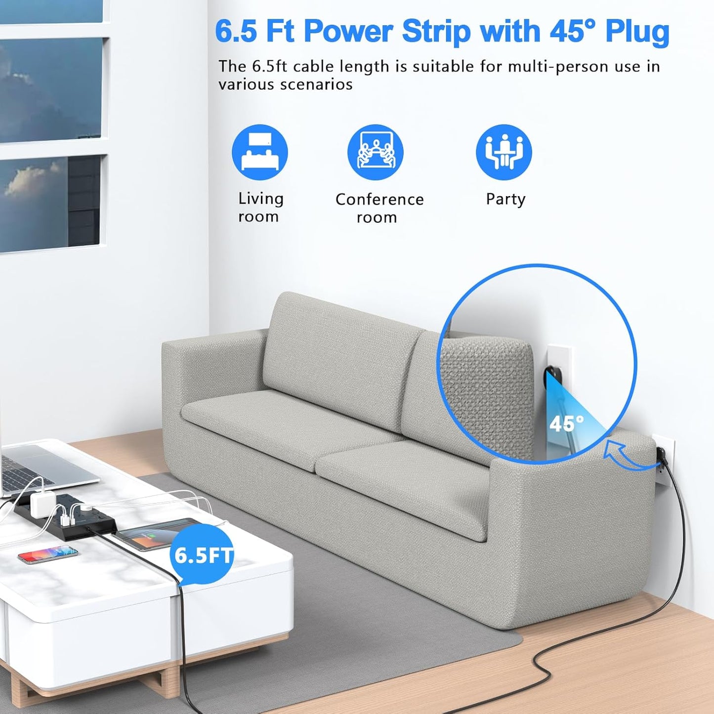 22 Outlets & 6 USB Big Power Strip, Jcblaon Surge Protector with 3USB C & 3USB A Charging Ports, 6.5ft Flat Plug Heavy Duty Extension Cord(1875W/15A)，2100J, 14AWG,Wall Mountable for Garden,Shed, Black