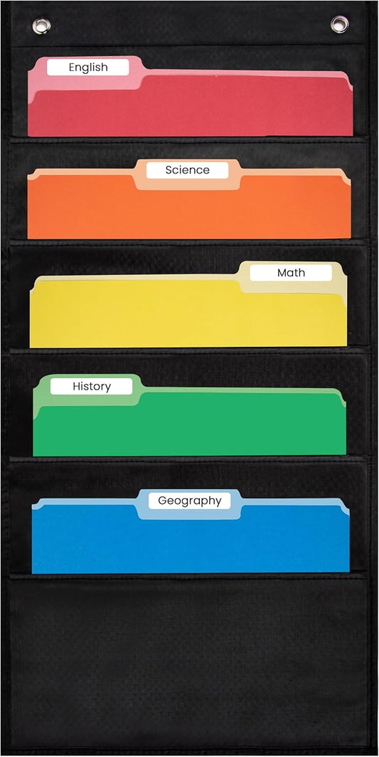 5 Pocket File Pocket Chart, Black, 14" Wide x 24" Tall - Versatile Wall Hanging File Folder Organizer for Classroom, Office, Home, and More - Wall Folder Organizer - 5 Pockets