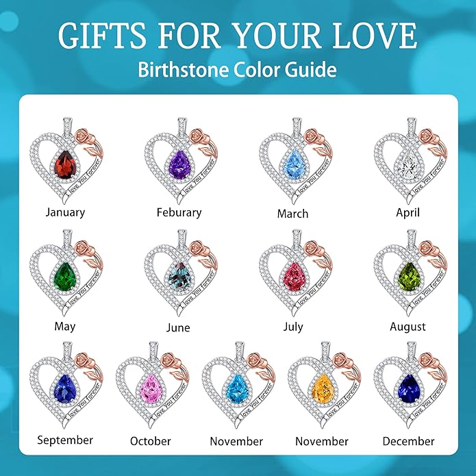 Hidepoo Christmas Gifts for Women Mom Wife - Sterling Silver Rose Heart Birthstone Necklace I Love You Forever Heart Pendant Teardrop Necklace Jewelry Anniversary Valentines Christmas Birthday Gifts