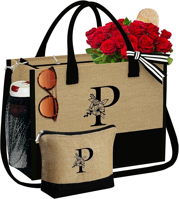 YOOLIFE Christmas Gifts for Women, Initial Jute Tote Bag with Zipper Grandma Mom Bride Teacher Gifts Birthday Gifts for Women