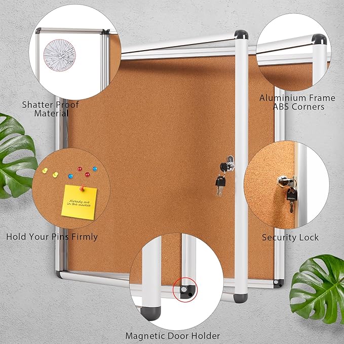 SWANCROWN Enclosed Cork Bulletin Boards Wall-Mounted Noticeboard Protective Display Case for Retail School Apartment 28x26 inch (6xA4)