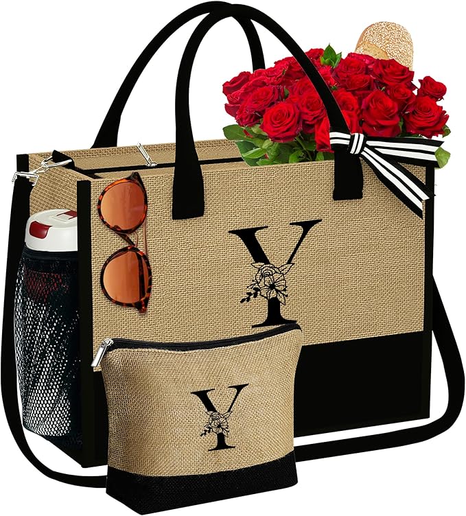 YOOLIFE Christmas Gifts for Women, Initial Jute Tote Bag with Zipper Grandma Mom Bride Teacher Gifts Birthday Gifts for Women