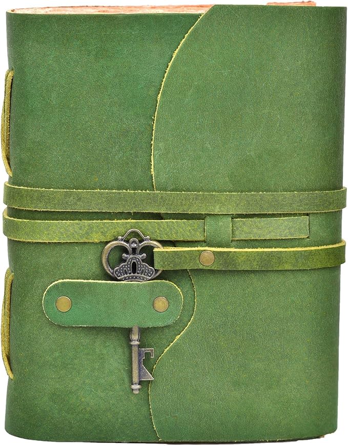 LEATHER VILLAGE Vintage Leather Journal – 200 Handmade Vintage Deckle Edge Paper – Leather bound Journal For Women Men – Vintage Key Closure - Book of Shadows - Green - 8X6 inches (A5)