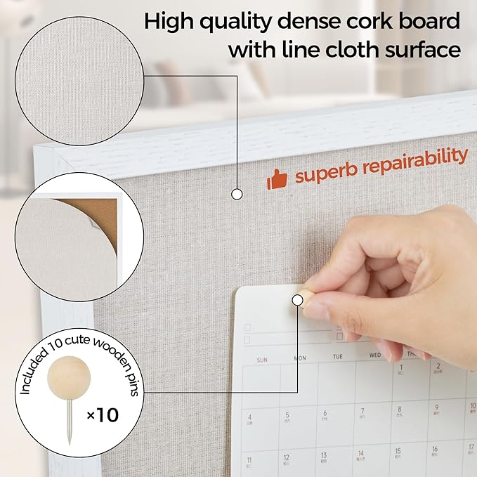Fun Memories Cork Board Bulletin Board for Office, 24" x 36" Oak Wooden Framed Corkboard, Wall Mounted Notice Pin Board for School Home & Office, White