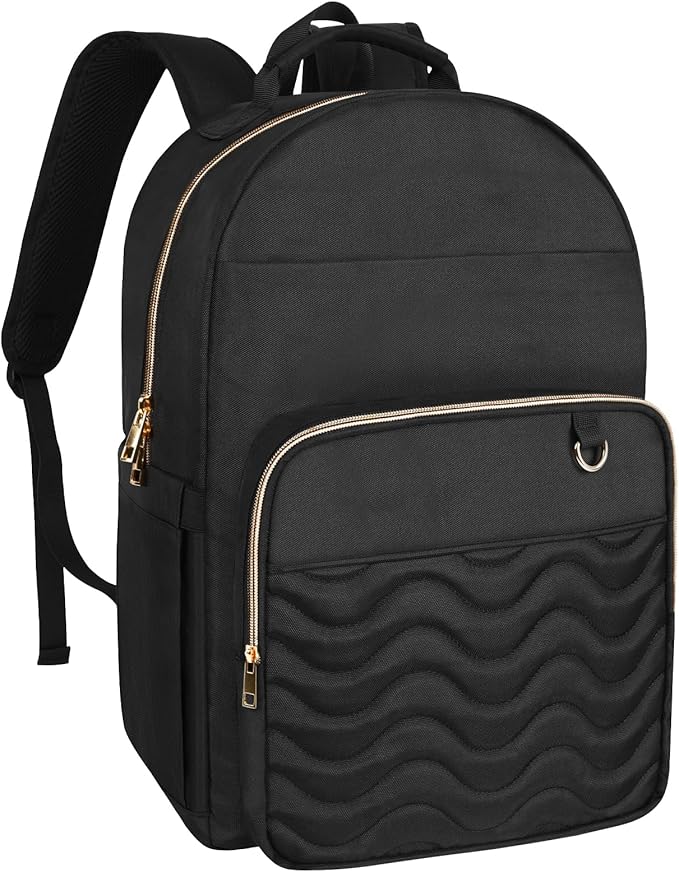 Travel Laptop Backpack for women, Work Backpack Woman with USB Charging Port, Water Resistant College Backpack, Stylish Quilted Girls Backpack Casual Daypack for 15.6 Inch Laptop, Black