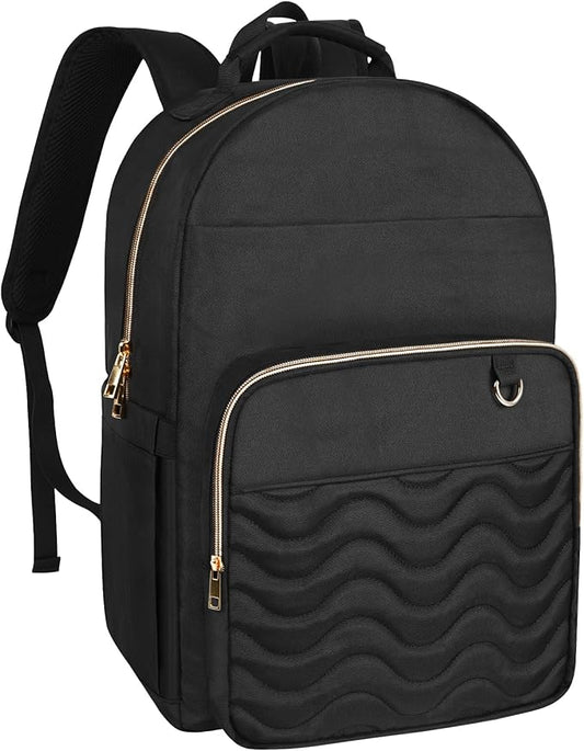Travel Laptop Backpack for women, Work Backpack Woman with USB Charging Port, Water Resistant College Backpack, Stylish Quilted Girls Backpack Casual Daypack for 15.6 Inch Laptop, Black