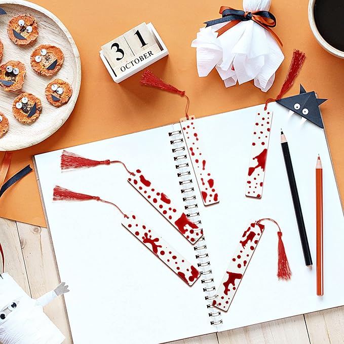 5 Pieces Blood Bookmark Halloween Theme Bookmarks Blood Splatter Bookmark Art Page Marker Bloodstain Bookmark Handmade Ideal Trick or Treat Present for Friends, Kids, Students, Teacher