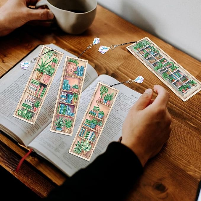 4 Pieces Diamond Painting Bookmarks for Adults Plant Bookshelf Design 5D Rhinestone Art Bookmark Kits Beautiful DIY Diamond Art Bookmarks with Tassels Crafts Gifts Supplies