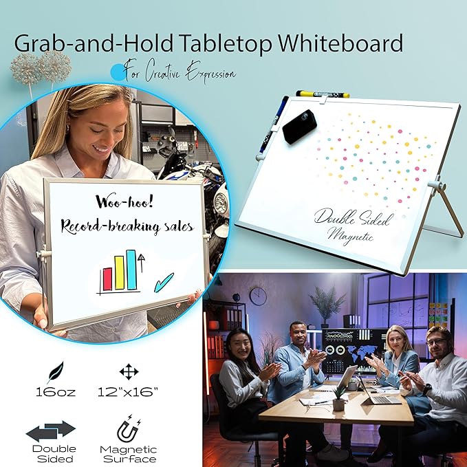 Dry Erase White Board, 16inX12in Large Magnetic Desktop Whiteboard with Stand, 8 Markers, 4 Magnets, 1 Eraser, Portable Double-Sided White Board Easel for Office Memo to Do List Desk School for Kids