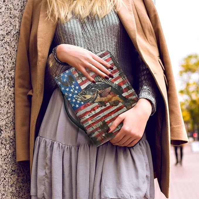 Lotusorchid Bass Fish Print Bible Cover Case, Zippered Bible Carrying Case for Women Girls, American Flag Bible Tote Bag Sturdy Bible Book Cover for Bible Study, Christian Bible Accessories, L