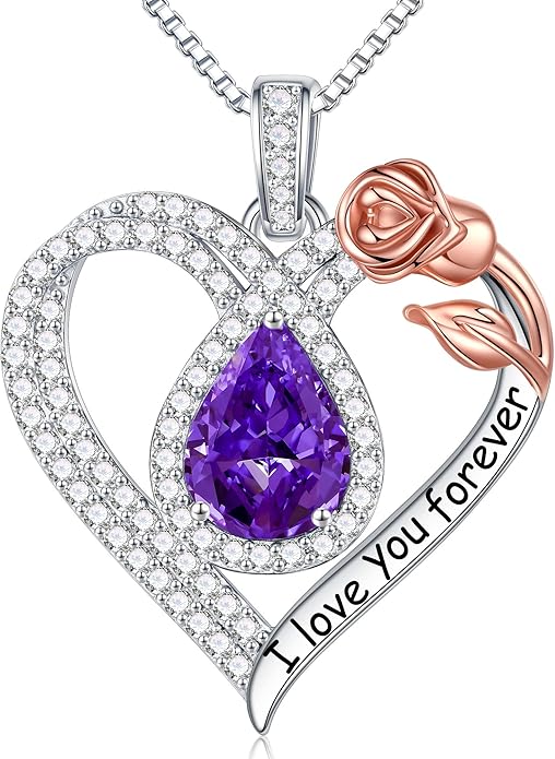 Hidepoo Christmas Gifts for Women Mom Wife - Sterling Silver Rose Heart Birthstone Necklace I Love You Forever Heart Pendant Teardrop Necklace Jewelry Anniversary Valentines Christmas Birthday Gifts
