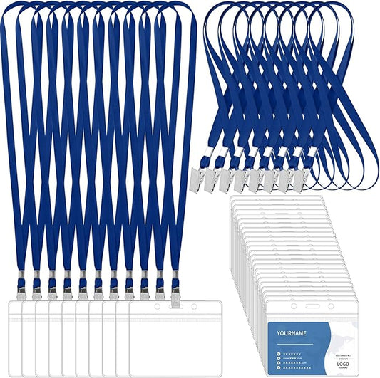 100 Pcs Lanyards for ID Badges and 100 Pcs Clear Name Tag Holders Reusable Lanyard with Clip Plastic ID Card Badge Holder Name Badges for Adults Kids Business School Office Supplies (Dark Blue)