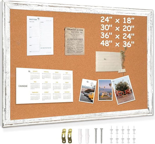 DOLLAR BOSS White Cork Board - 24 X 18 Inches, Rustic Wooden Frame, Decorative Hanging Pin Board for Office & Home Decor