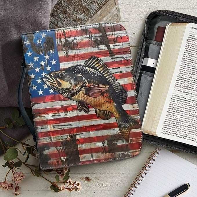 Lotusorchid Bass Fish Print Bible Cover Case, Zippered Bible Carrying Case for Women Girls, American Flag Bible Tote Bag Sturdy Bible Book Cover for Bible Study, Christian Bible Accessories, M