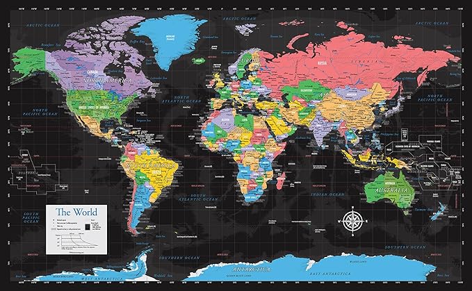 2 Pack - Laminated World & US Map Poster Set - Wall Chart Map of the World & United States - Made in the USA [Black]