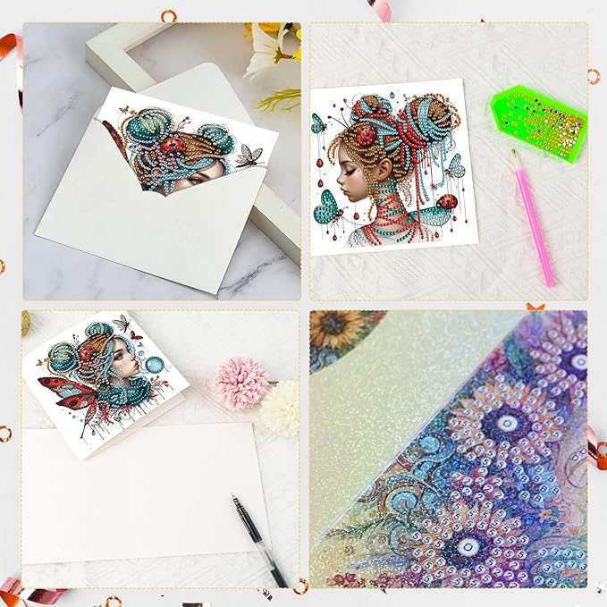 Tontut 6pcs Diamond Art Painting Kit Greeting Card, Temperament Butterfly Lady 5D DIY Diamond Handmade Holiday Sparkling Greeting Card with Envelope, Holiday Gift Congratulation