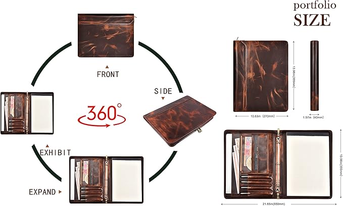 AZXCG Leather Portfolio with Zipper, 3 Ring Binder Resume Padfolio Folder, Professional Planner with A4 Notebook Holders, Business Document Organizer for 13.3" Laptop, Gift for Women/Men, Oil Wax