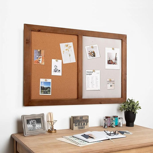 SOFE Large Cork Board Linen Pin Board Combo, Wood Framed Bulletin Board 36" X 24" Picture Board, Photo Wall Display, Vision Board Rustic Memo Board for Home Kitchen Office School