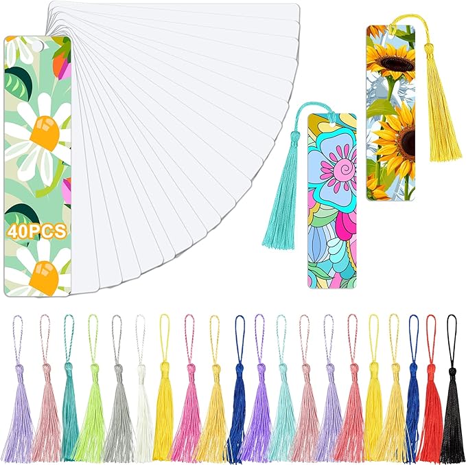 40Pcs Heat Transfer Sublimation Blank Metal Bookmark, Aluminum DIY Bookmarks with Colorful Tassels for Keychains Craft Projects Birthday Present Tags