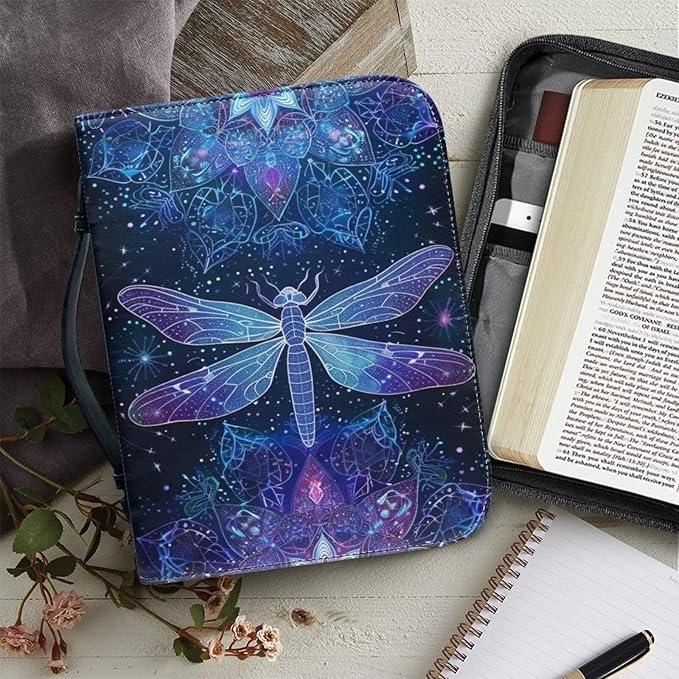 Lotusorchid Dragonfly Print Bible Covers for Women PU Leather Bible Case, Portable Bible Tote Bag Bible Book Carrying Case Christian Bible Accessories with Handle Pocket, Blue, L