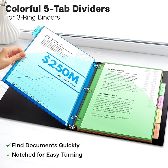 Dunwell 5-Tab Dividers with Pockets for 3-Ring Binder (3 Sets, 15 Count), Plastic Binder Dividers with Tabs and 2 Pockets, Binder Pocket 3 Hole Punched for 8.5x11 Paper, Includes Label Inserts